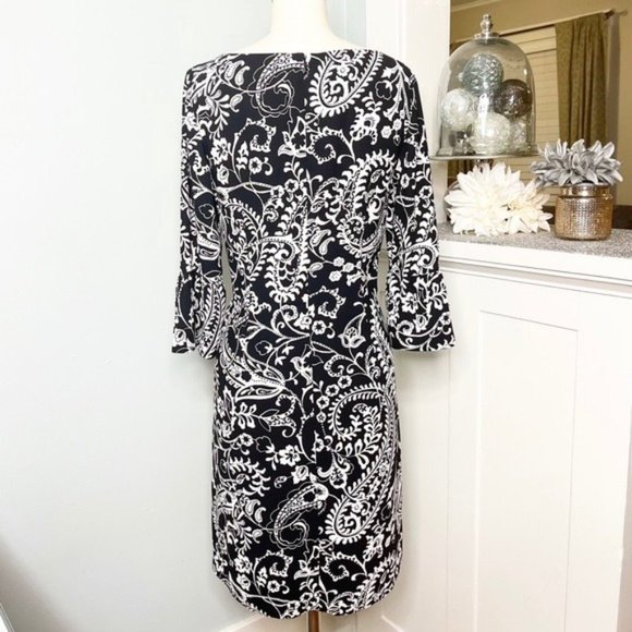 Talbots Paisley Print Shift Dress with Bell Sleeves Black & White 4 Small - Picture 7 of 12